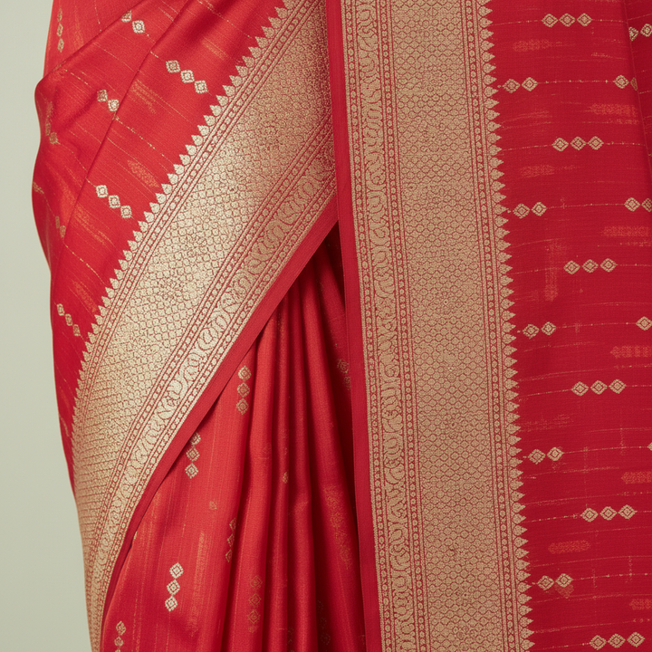 Close-up of the red Banarasi silk saree beige-gold woven border and pallu