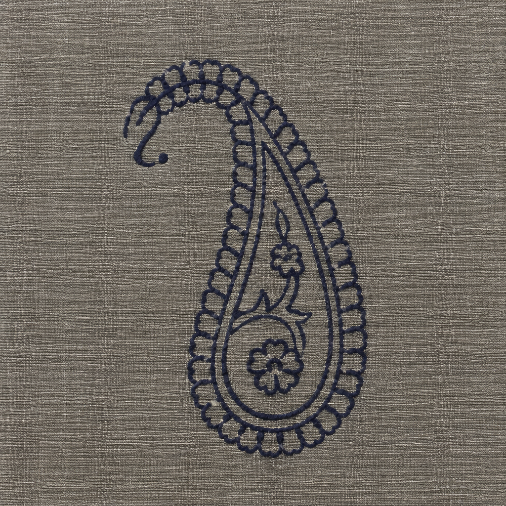 Close-up of navy paisley print on grey cotton saree