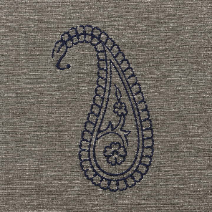 Close-up of navy paisley print on grey cotton saree