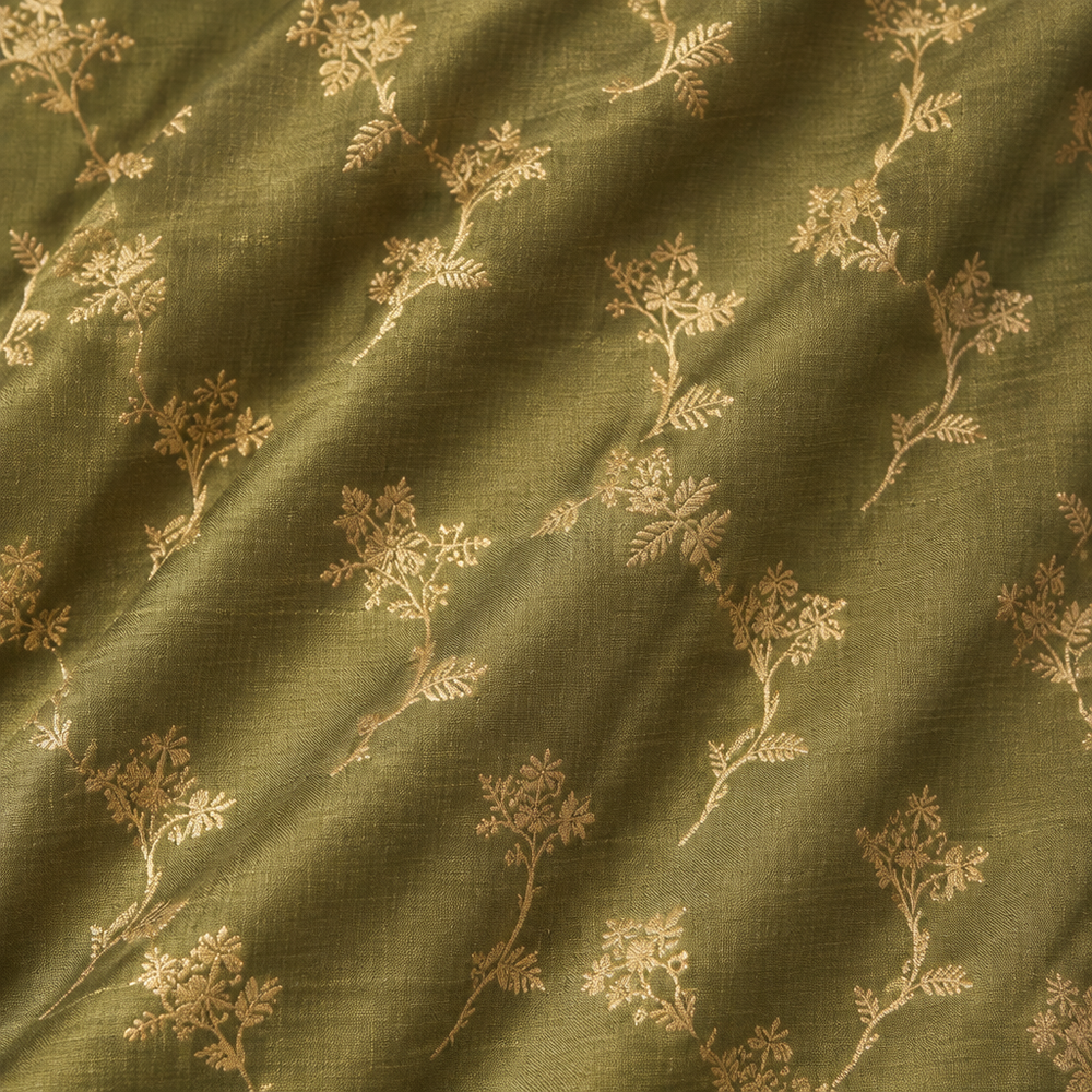 Close-up of the green pure Tussar silk saree body with gold zari floral motifs