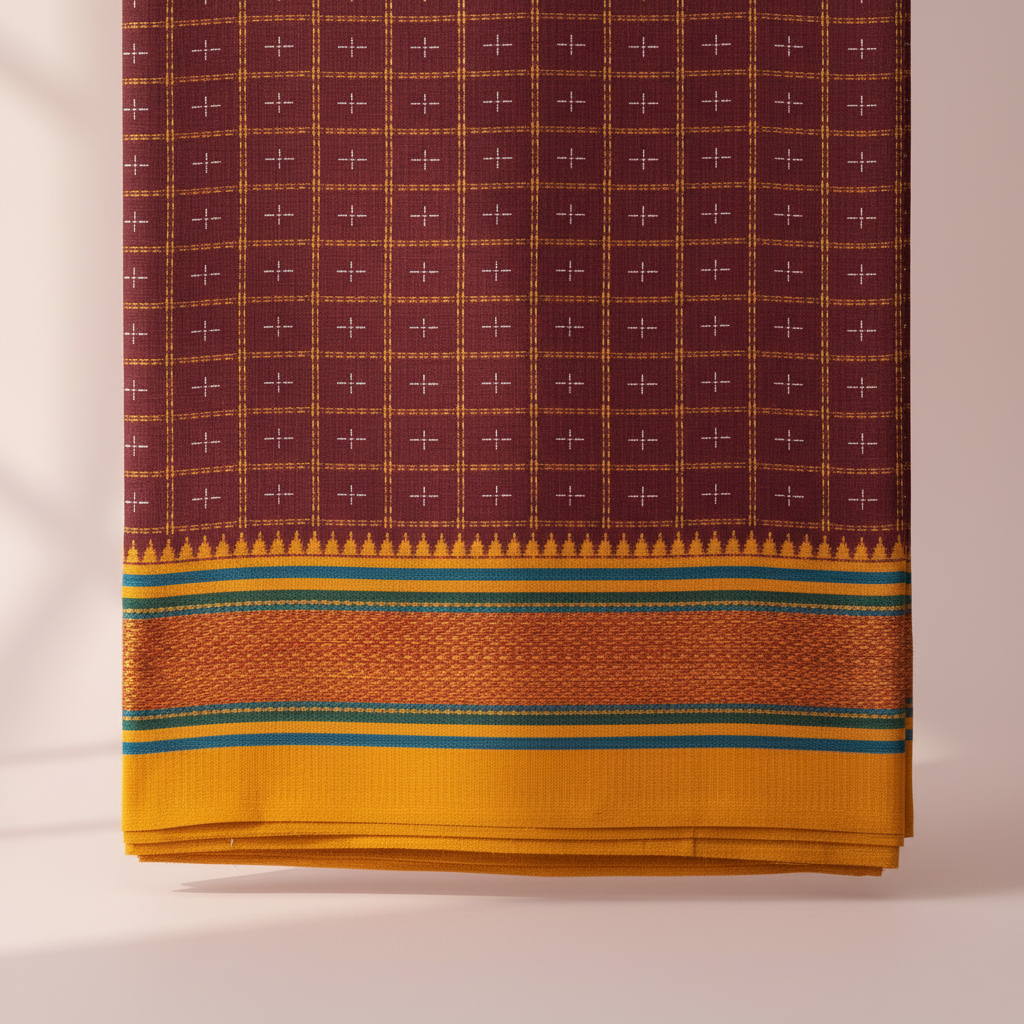 Close-up of the maroon checked cotton saree with its yellow-mustard border, teal-blue stripes, textured orange-gold band, and temple-inspired edge
