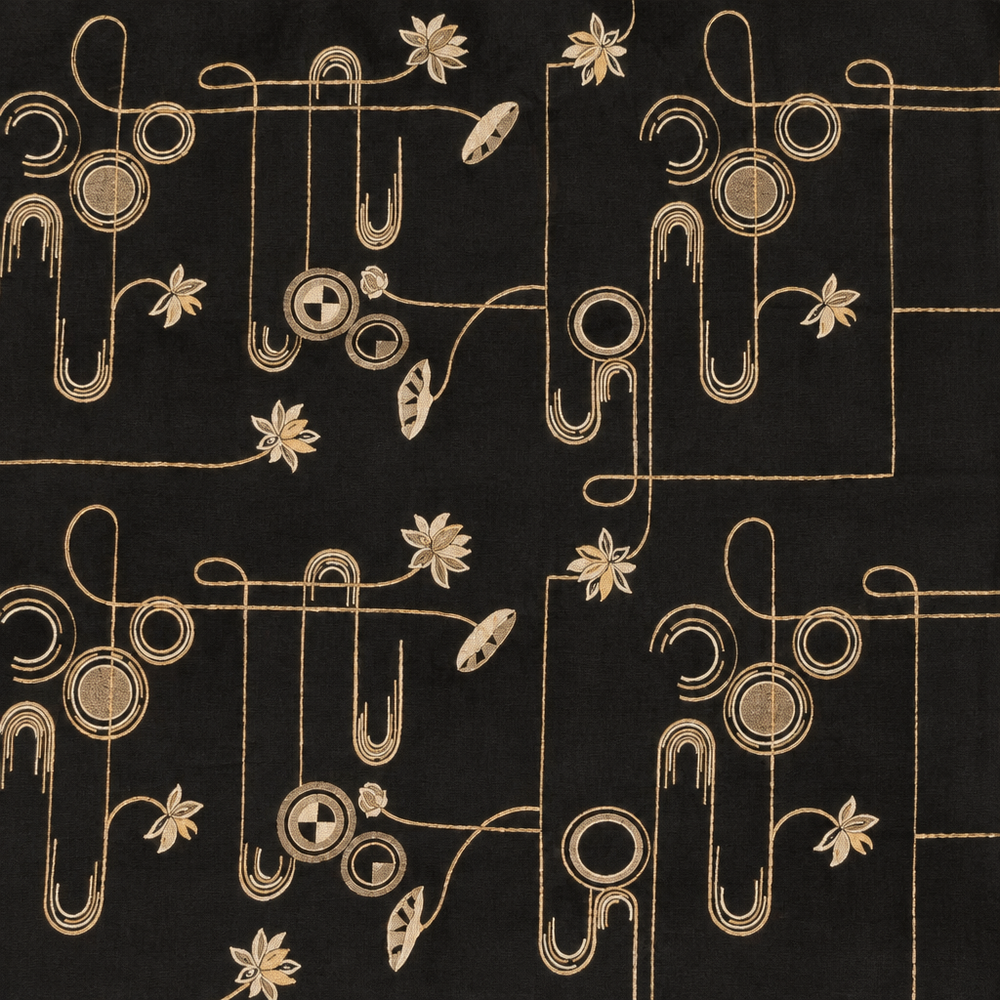 Detail view of black saree body with gold-toned abstract and floral pattern