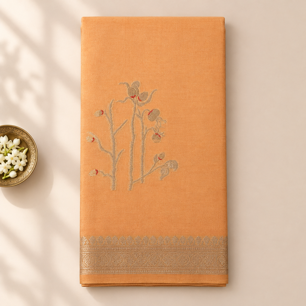 Kuberan peach-orange pure Tussar silk saree folded upright on a pastel background with a jasmine bowl