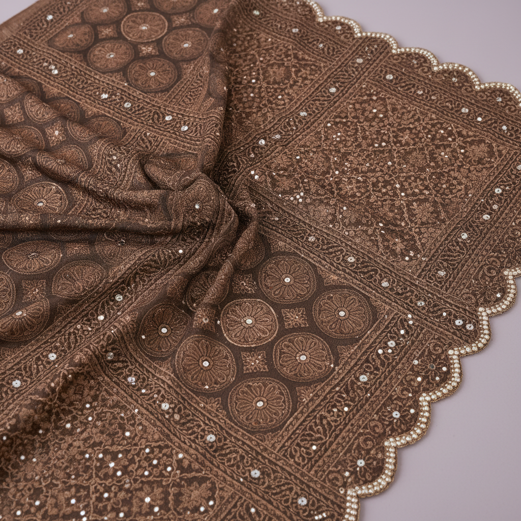 Close-up of the brown pure satin crepe silk saree body showing its intricate woven motifs and satin sheen
