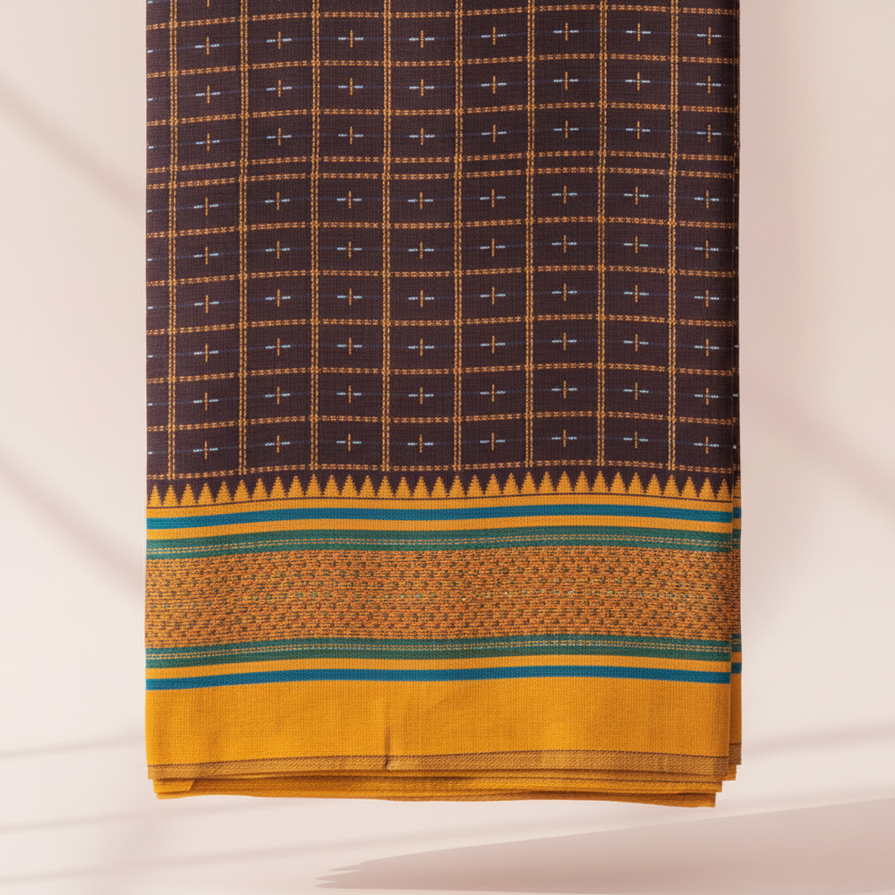 Close-up of the brown checked cotton saree with its yellow-mustard border, teal-blue stripes, textured orange-gold band, and temple-inspired edge
