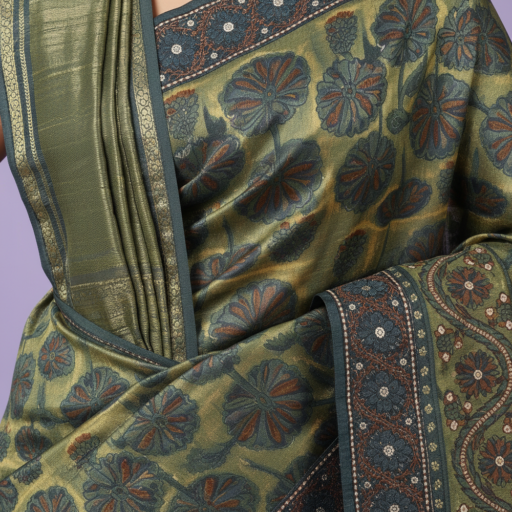 Close-up of the green pure satin crepe silk saree body showing repeating floral and leafy motifs