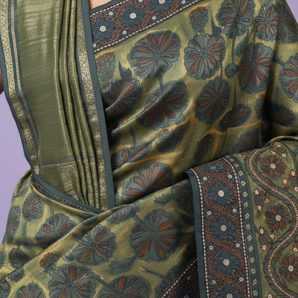 Close-up of the green pure satin crepe silk saree body showing repeating floral and leafy motifs