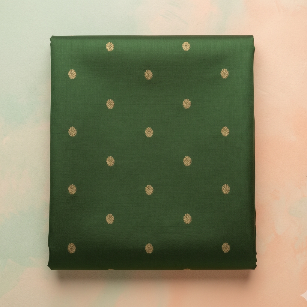 Green pure silk saree body with gold zari motifs close-up