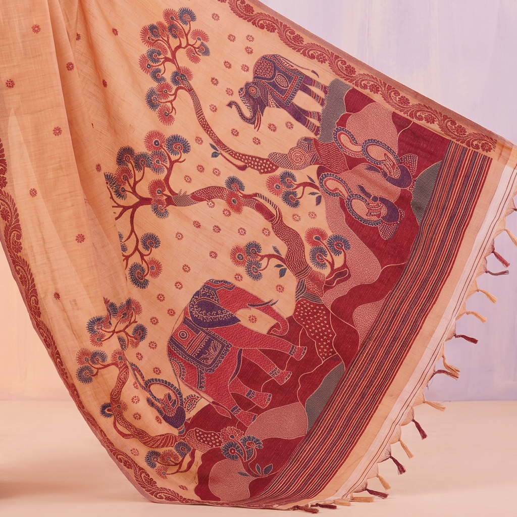 Peach saree pallu with colourful elephants, branching floral trees, stripe bands and tassels