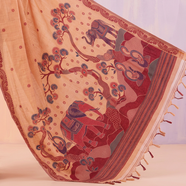 Peach saree pallu with colourful elephants, branching floral trees, stripe bands and tassels