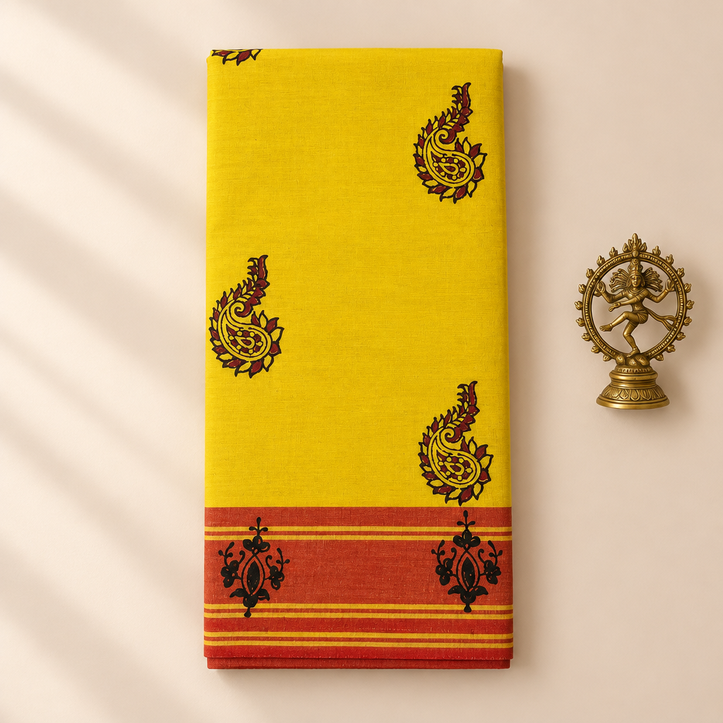 Yellow cotton dance saree with paisley butas and red border, folded flat lay with Nataraja prop