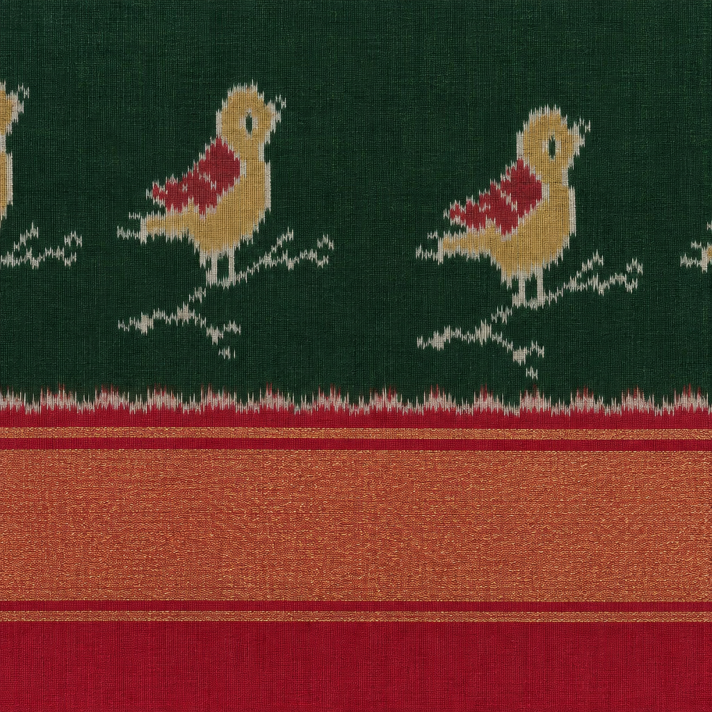 Close-up of red zari border and bird motifs on dark green Pochampally silk saree