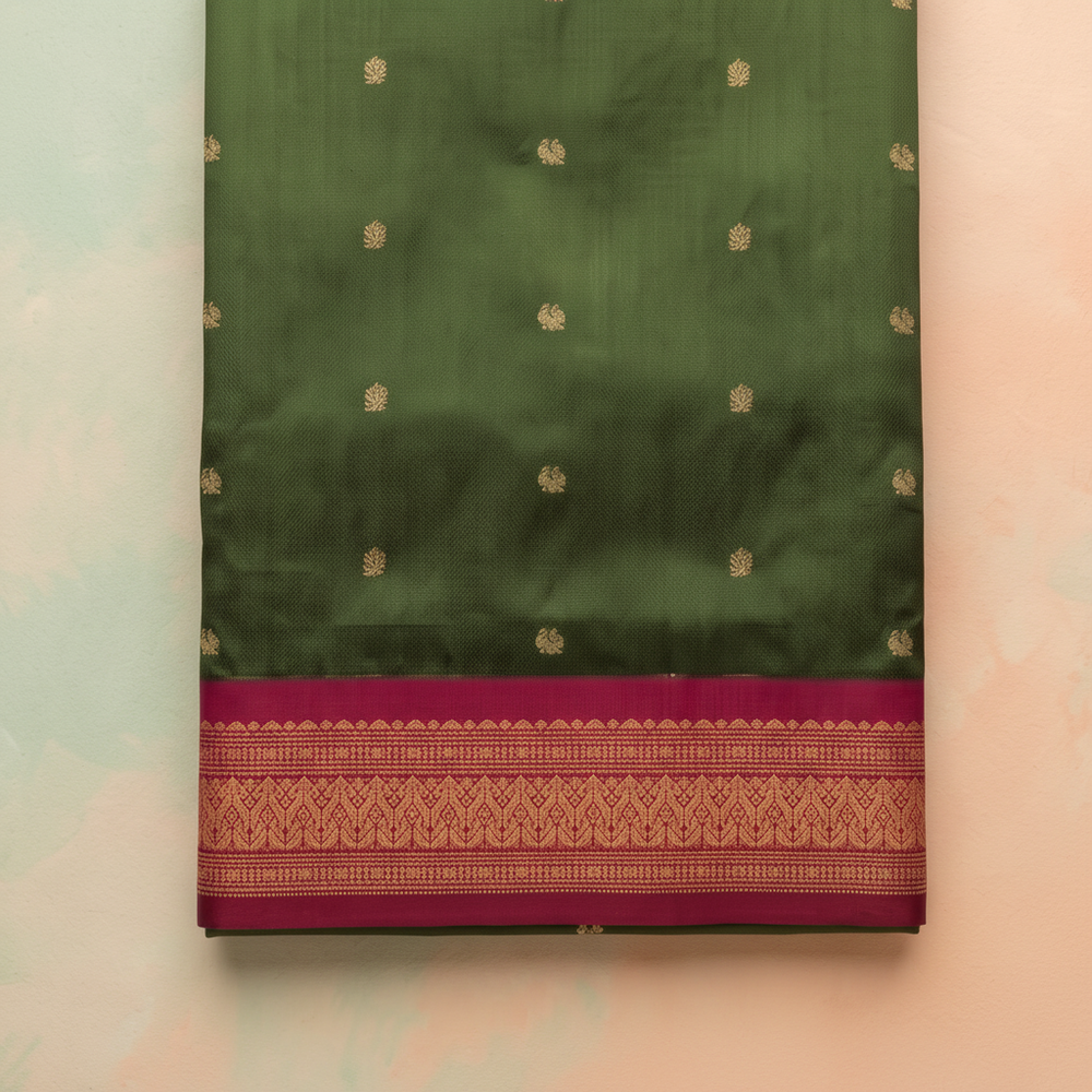 Pink contrast zari border on green 9-yard silk saree close-up