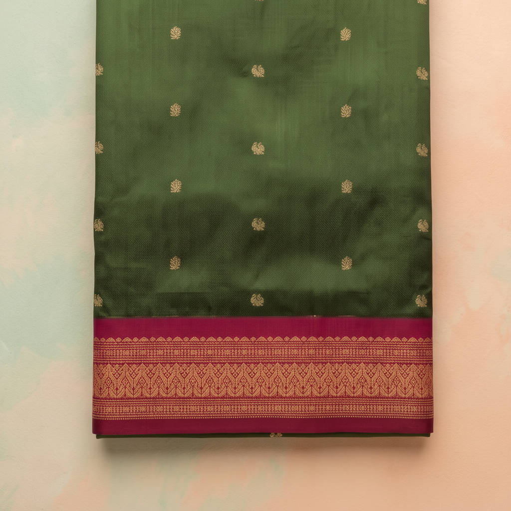 Pink contrast zari border on green 9-yard silk saree close-up
