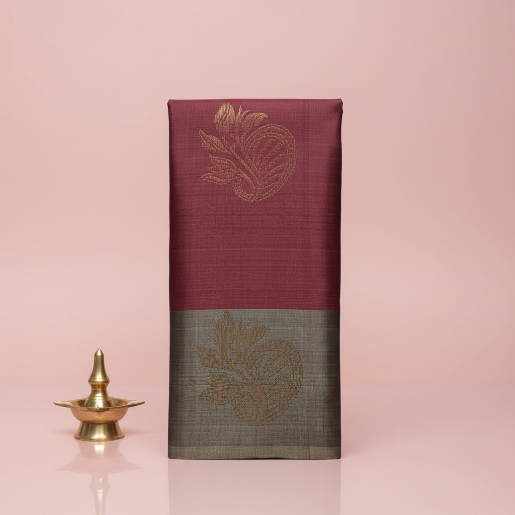 Wine & Grey Kanchipuram Silk Saree — Pastel Blush Background