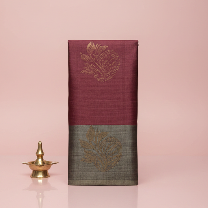 Wine & Grey Kanchipuram Silk Saree — Pastel Blush Background