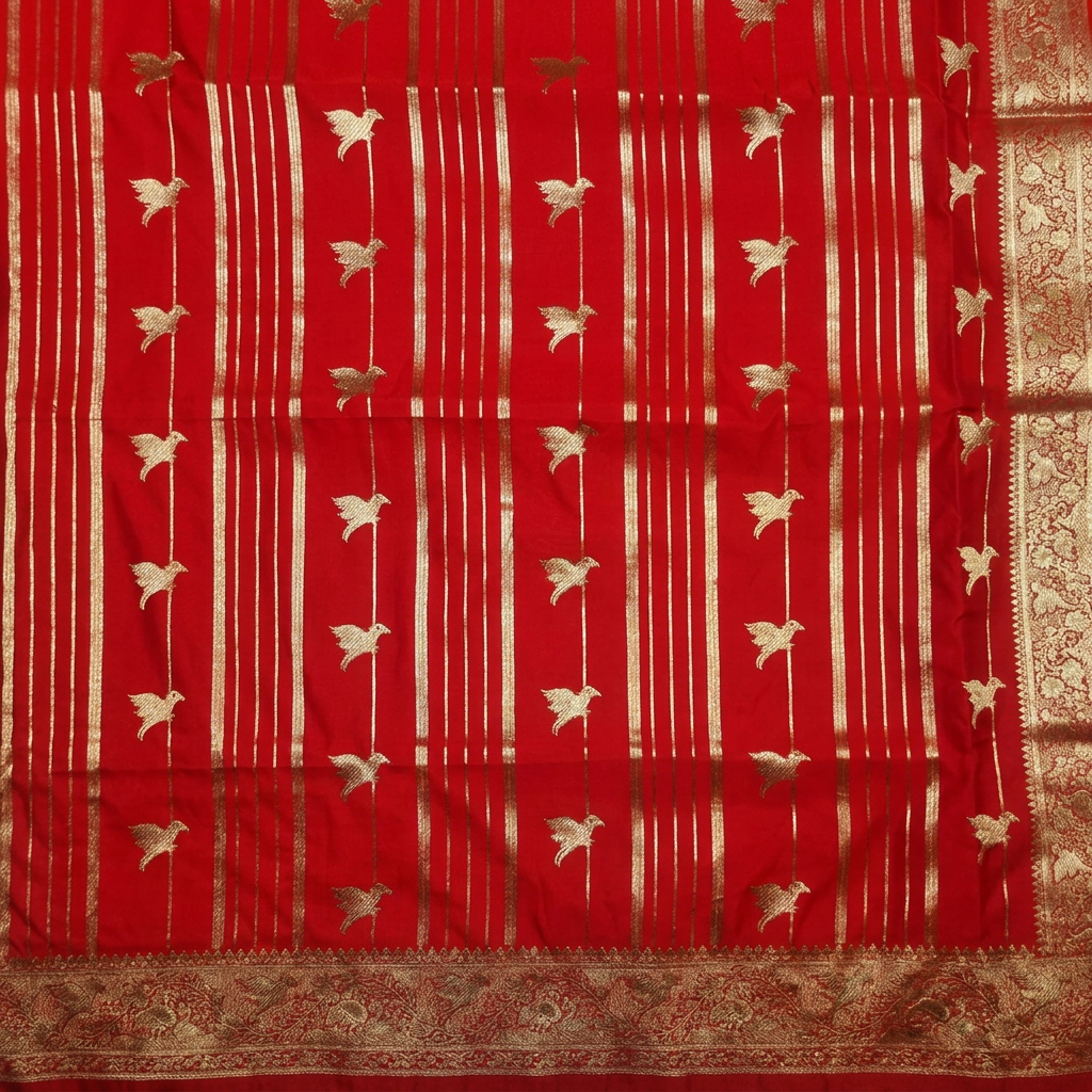 Close-up of red saree body with grouped gold-toned stripes, bird motifs and decorative border