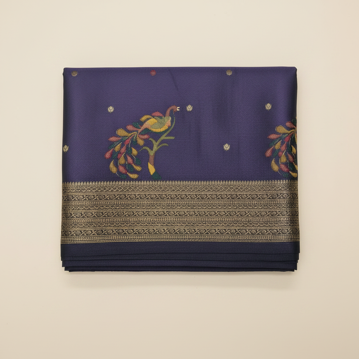 Royal Purple Silk Saree - Peacock Border Close-up