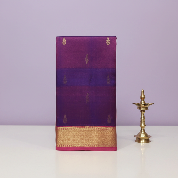 Royal Violet Kanchipuram Silk Saree — Pastel Lavender Background