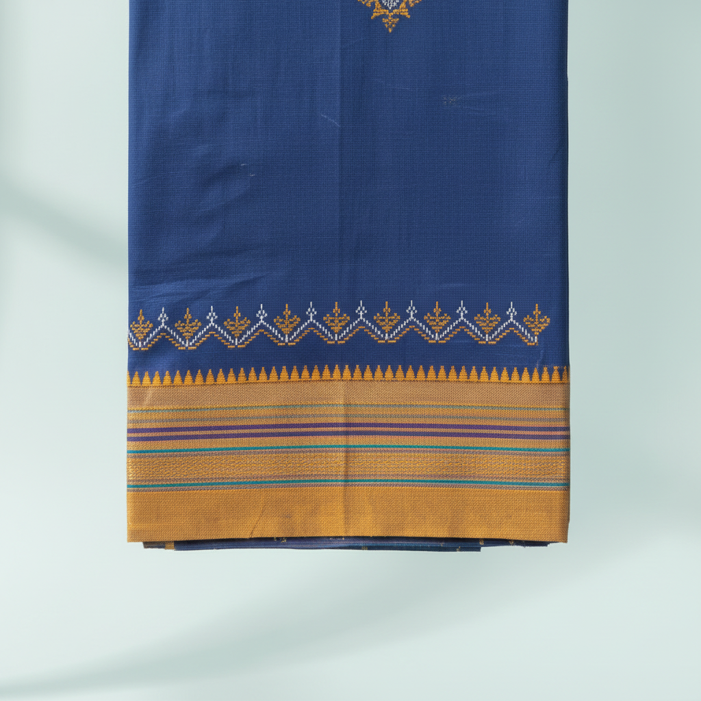 Close-up of the royal-blue cotton saree with its mustard-orange striped border and temple-inspired edge