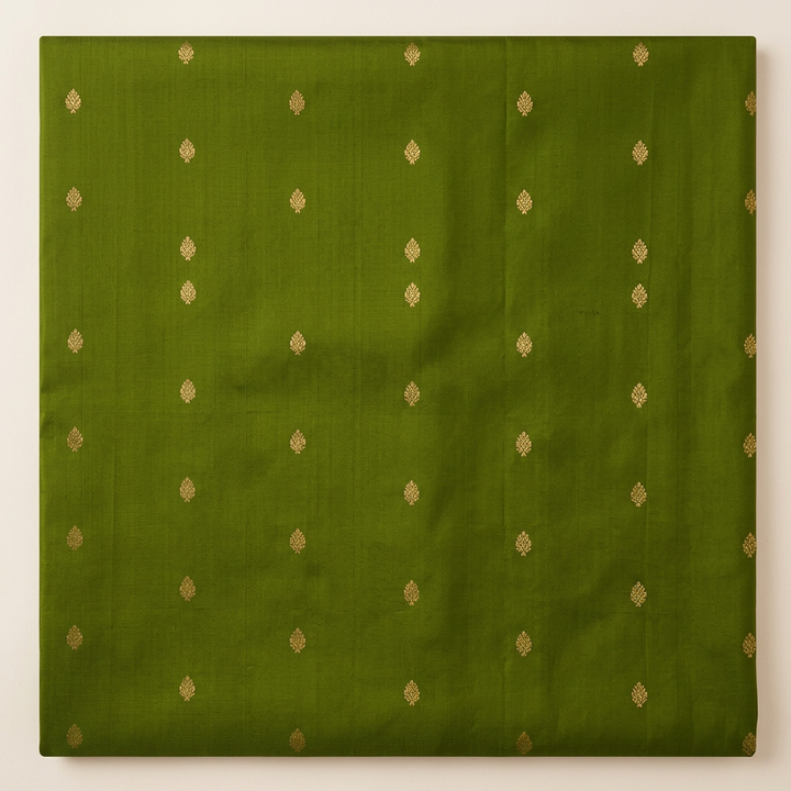 Close-up of the olive-green saree body with scattered small gold butta motifs