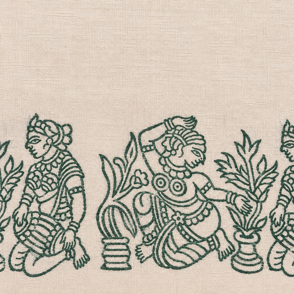 Close-up of green classical dancer print border on cream cotton dance saree