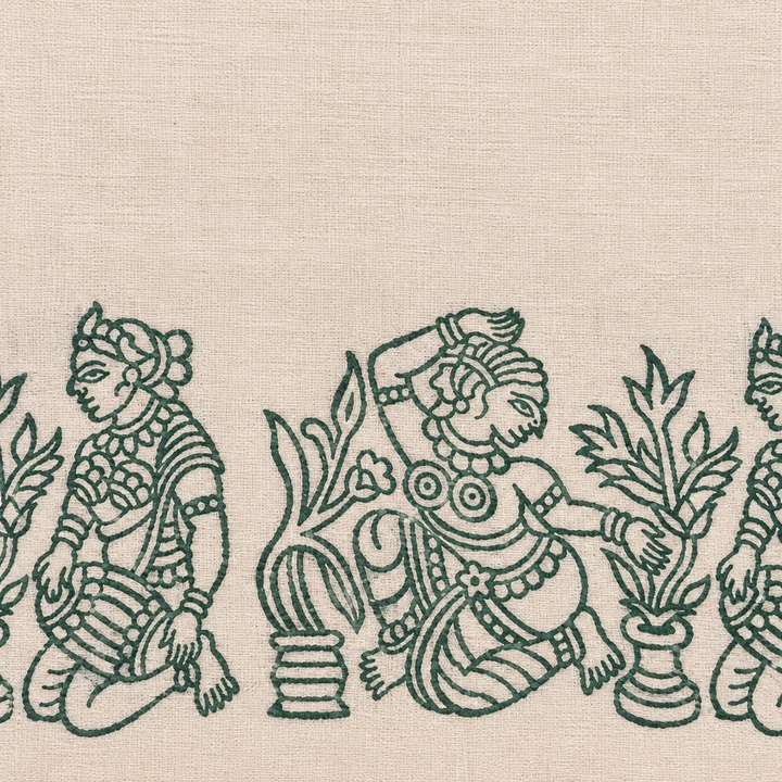 Close-up of green classical dancer print border on cream cotton dance saree