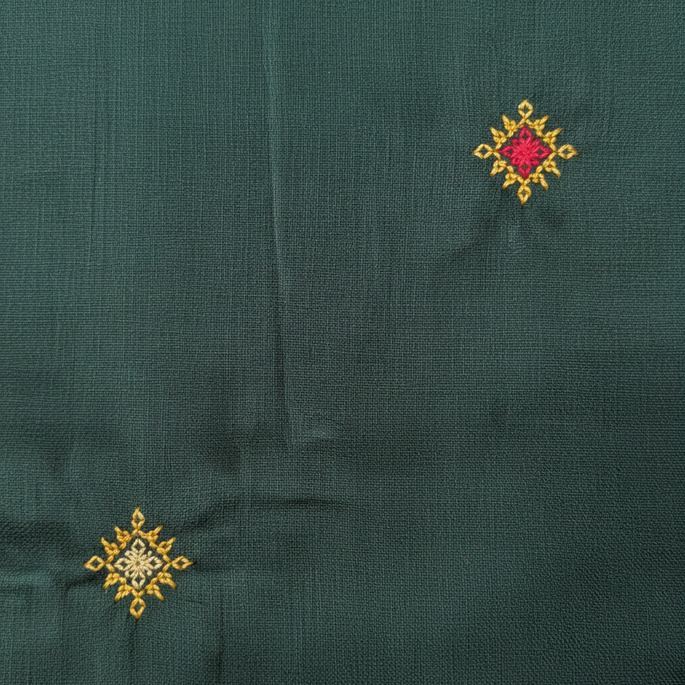 Close-up of the bottle-green cotton weave with gold and pink Kasuti star buttas
