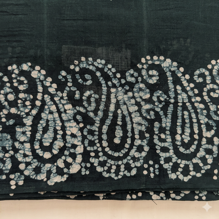 Close-up of repeating pale paisley border on green cotton dance saree