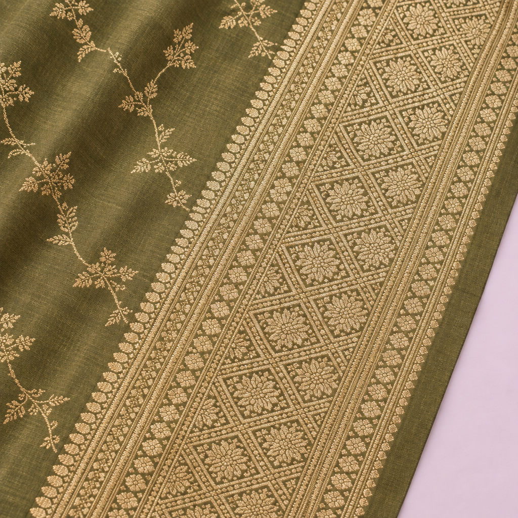 Close-up of the green saree's wide woven zari border and adjoining body