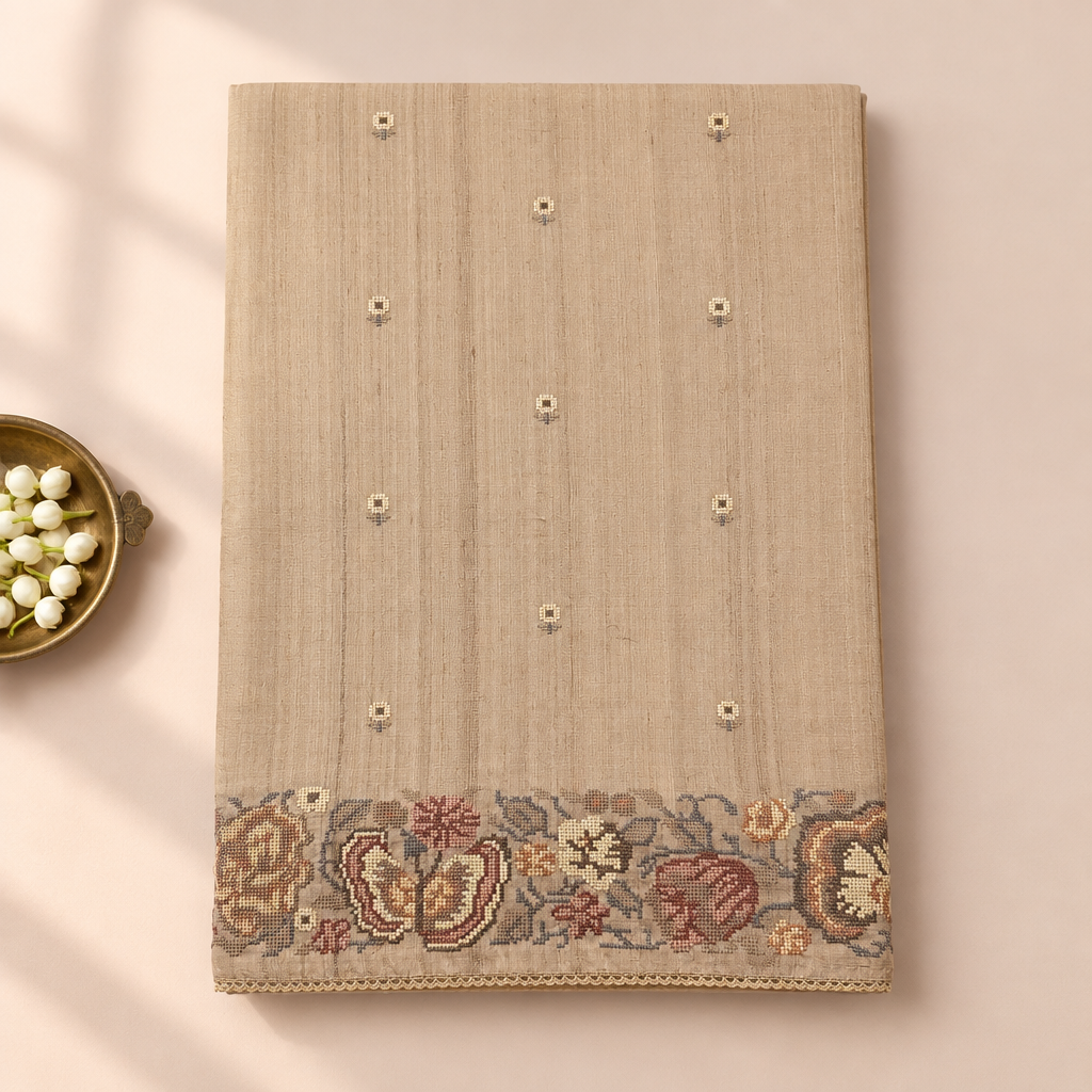 Kuberan beige pure Tussar silk saree folded upright on a pastel background with jasmine buds