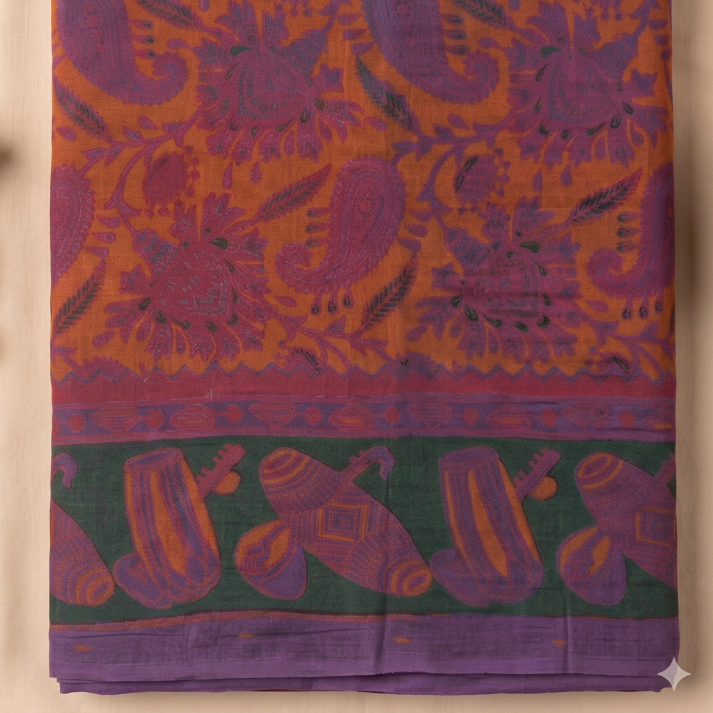 Close-up of green musical-instrument border and purple edging on yellow cotton dance saree