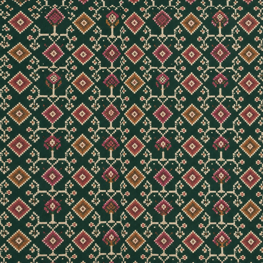 Bottle green saree body close-up with small multicolour geometric motifs