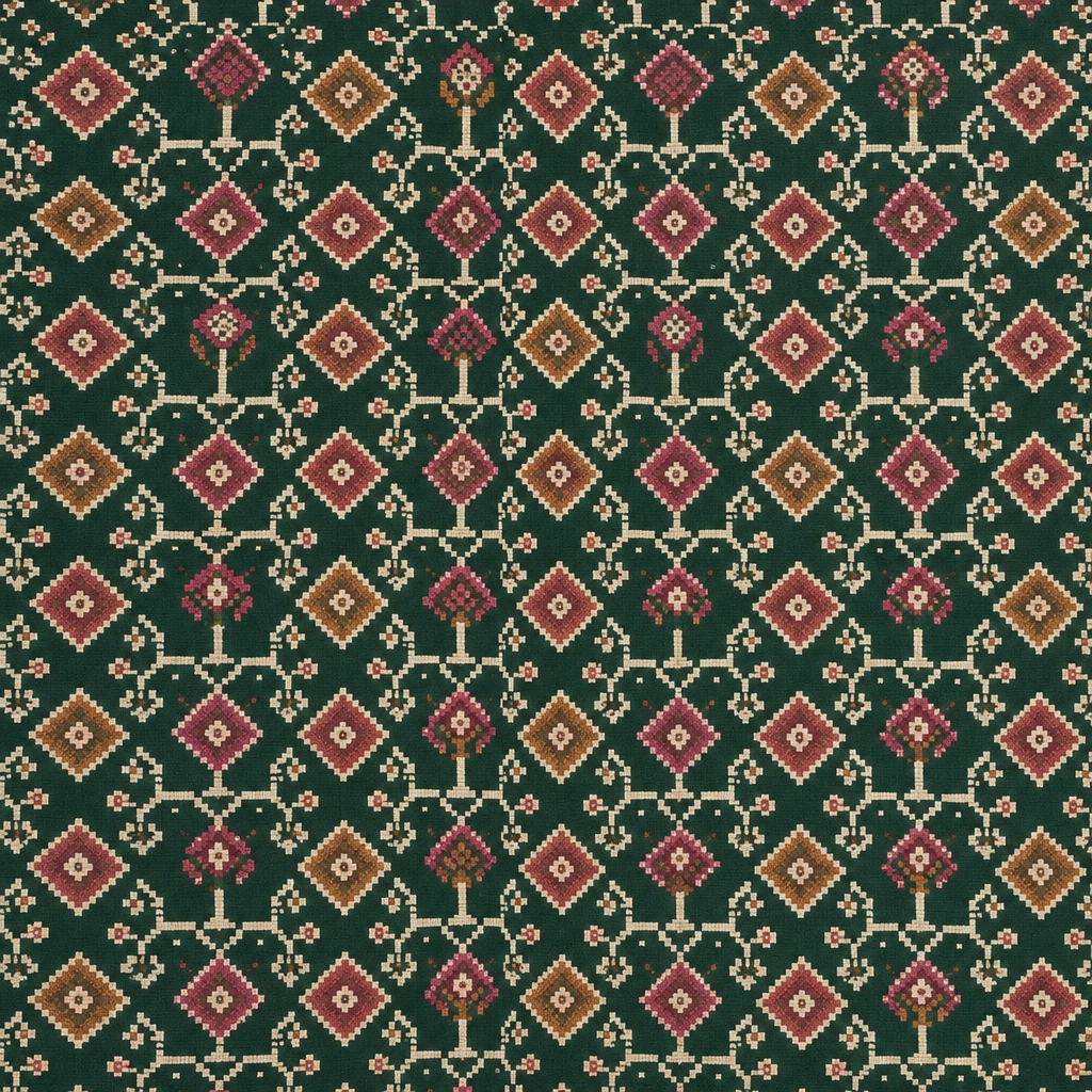 Bottle green saree body close-up with small multicolour geometric motifs