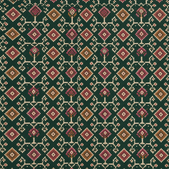 Bottle green saree body close-up with small multicolour geometric motifs