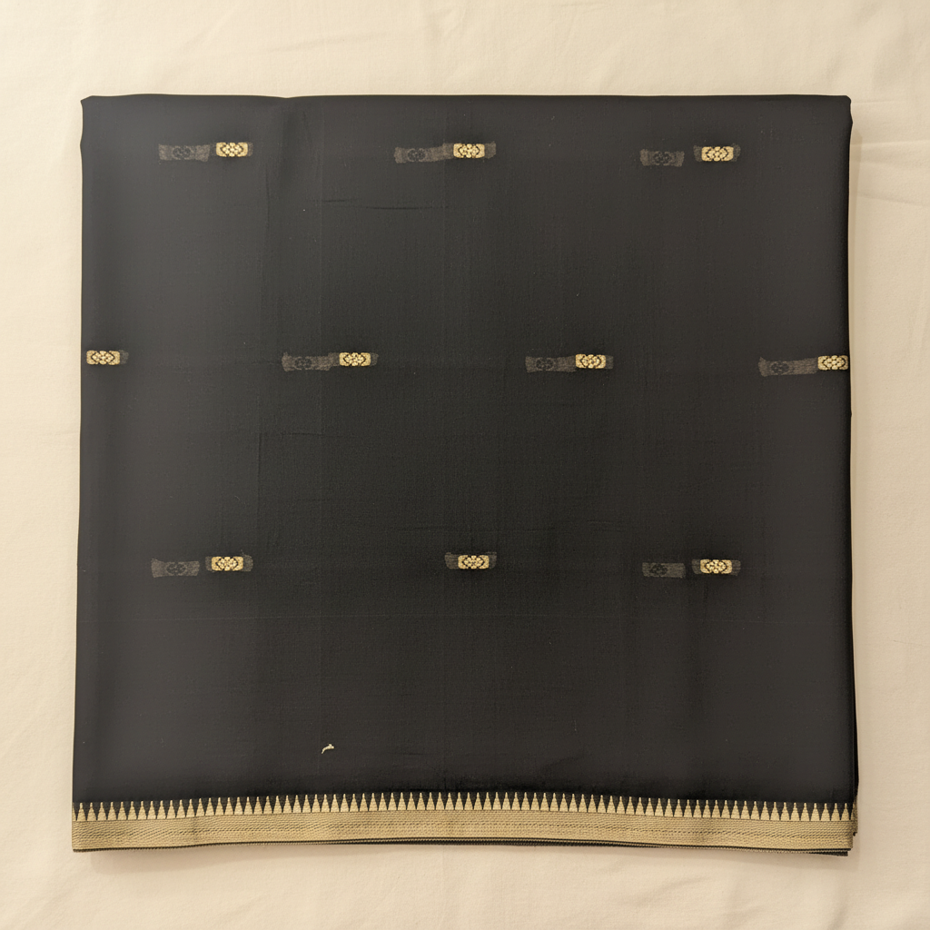 Close-up of the charcoal-black and graphite cotton saree showing its subtle woven texture and scattered antique-gold motifs