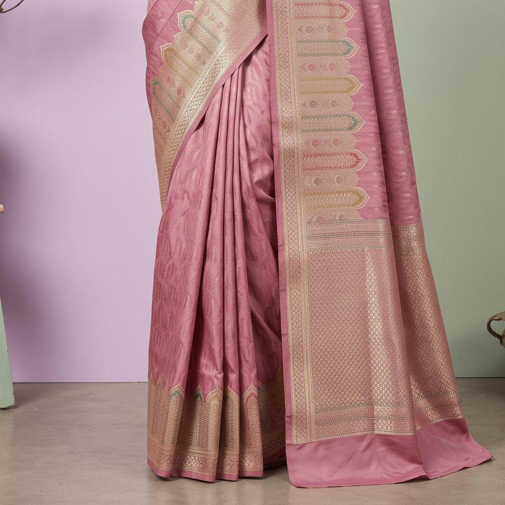 Close-up of the rose pink Banarasi silk saree beige-gold woven border and scalloped pallu