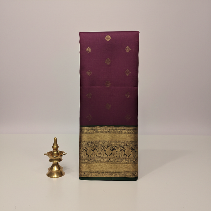 Magenta & Black Gold Kanchipuram Silk Saree — Pastel Lavender Background