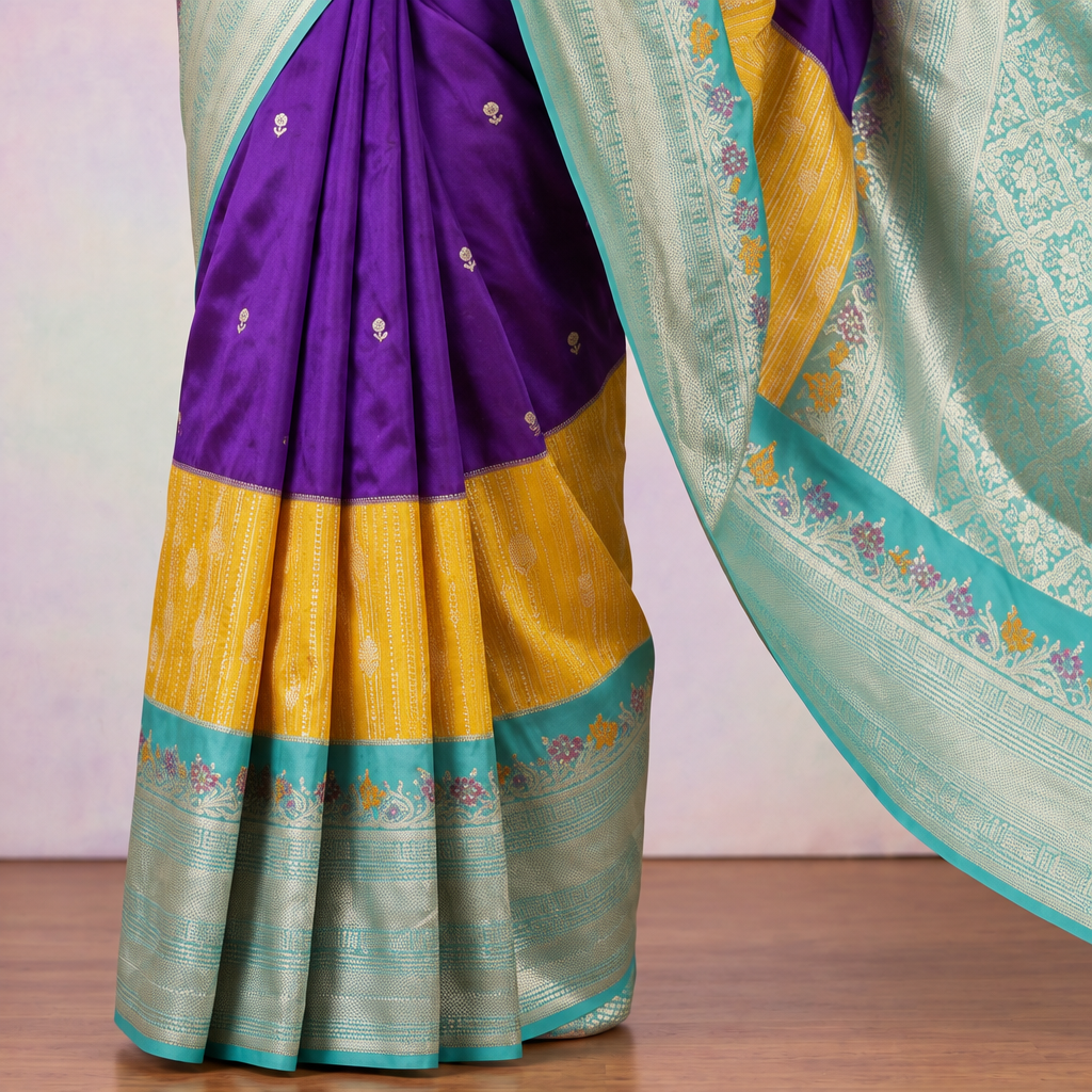 Purple saree pleats with scattered metallic motifs, yellow band and aqua silver-toned border