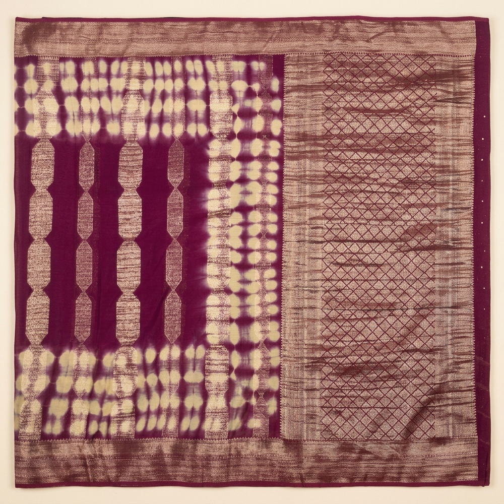 Upright purple Khaddi georgette saree with cream bands and metallic diamond pallu