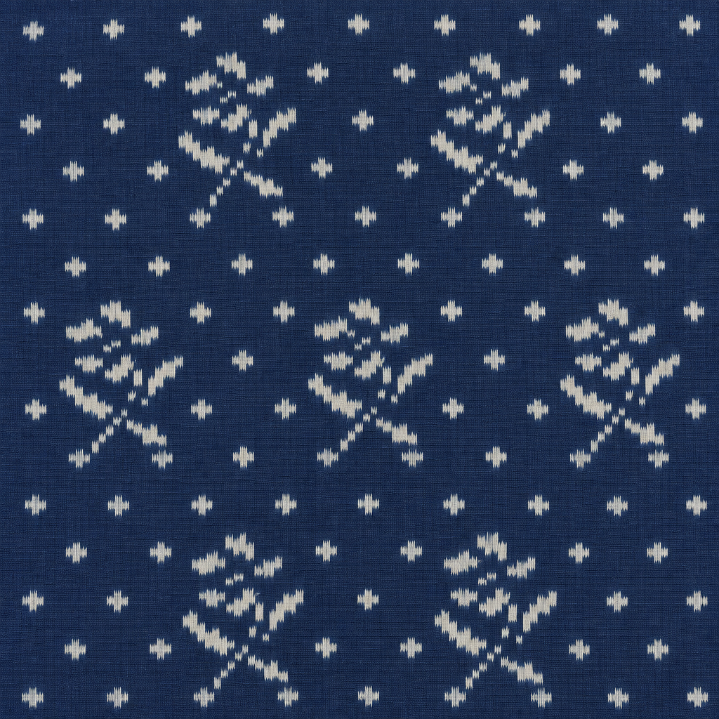 Close-up of white ikat floral sprigs and dots on navy blue Pochampally silk saree
