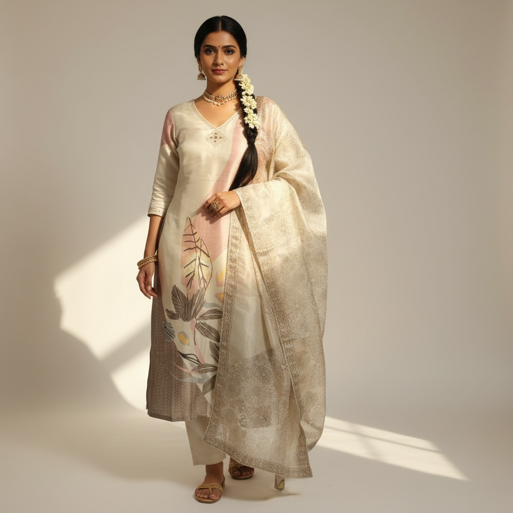 South Indian lady wearing off-white salwar kameez with botanical prints