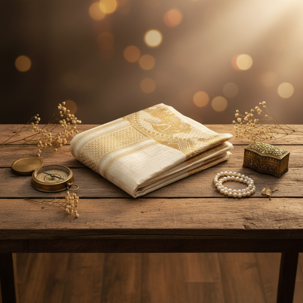 Mix Silk Dhothi on rustic wood with pearl necklace and antique gold box