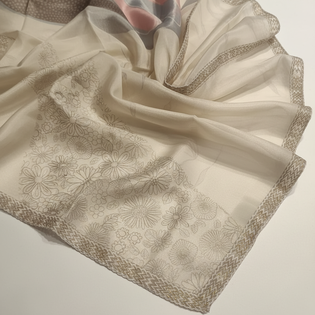 Close-up of white organza dupatta with floral embroidery borders