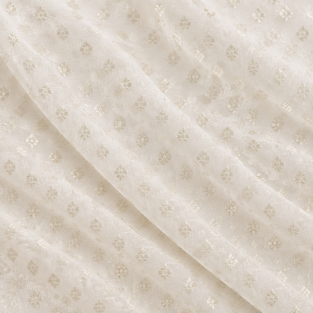 Close-up of the white Banaras georgette saree body with fine self-tone butti motifs
