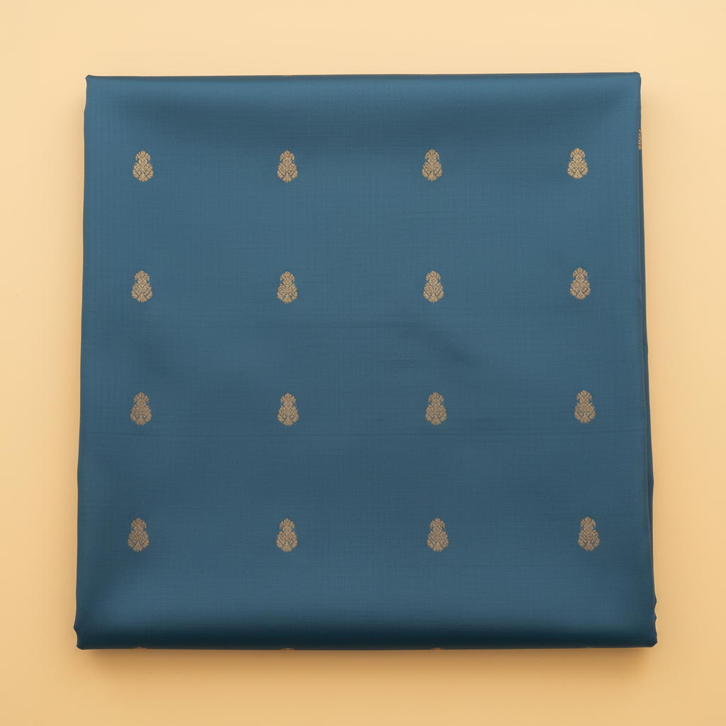Blue pure silk saree body with gold zari motifs close-up