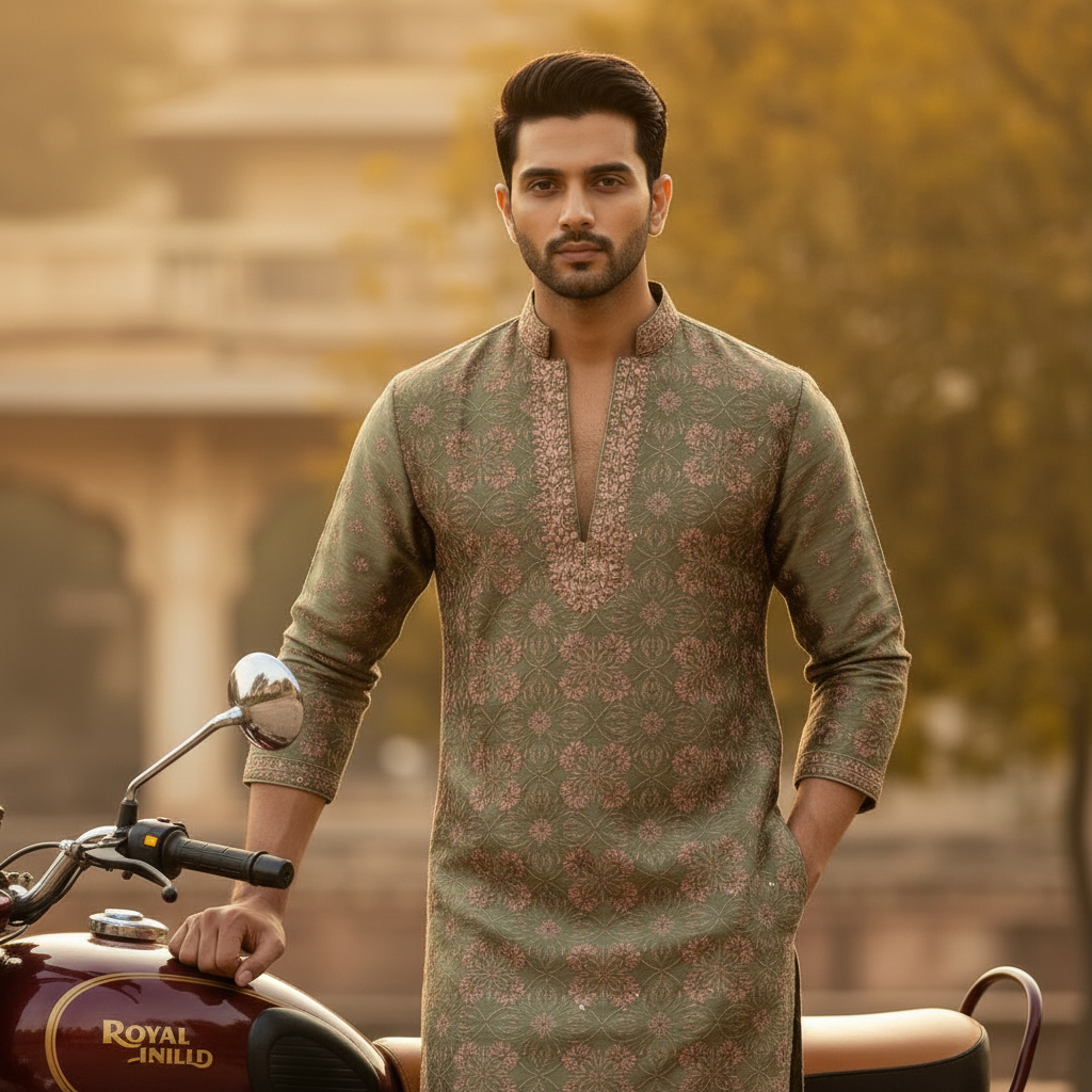 Olive Green Embroidered Silk Kurta Pyjama Close-Up