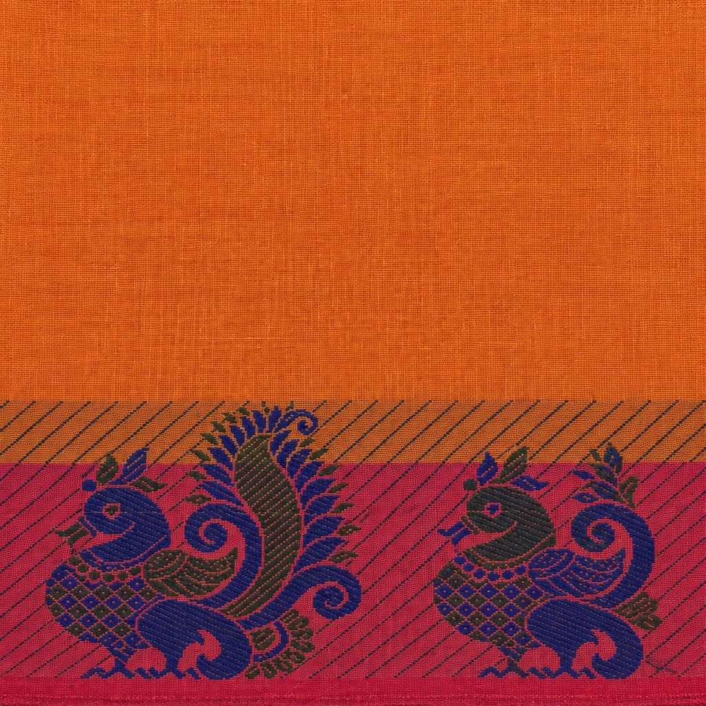 Close-up of orange cotton saree body and magenta border edge