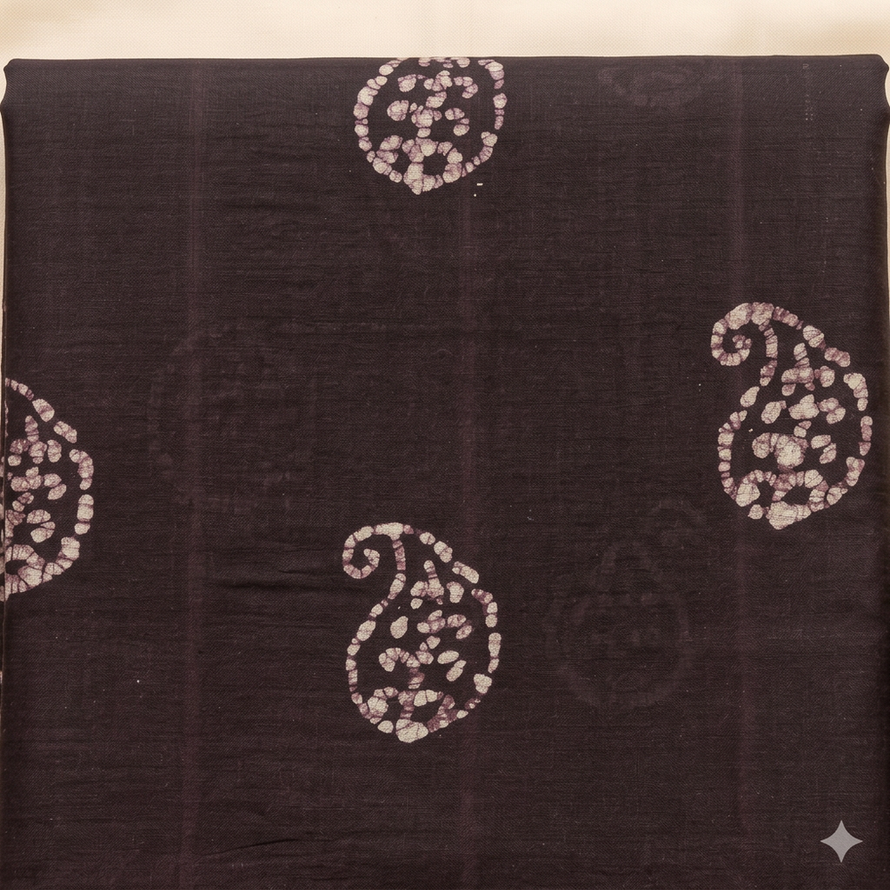 Pale cream paisley motifs on dark purple cotton dance saree, body close-up
