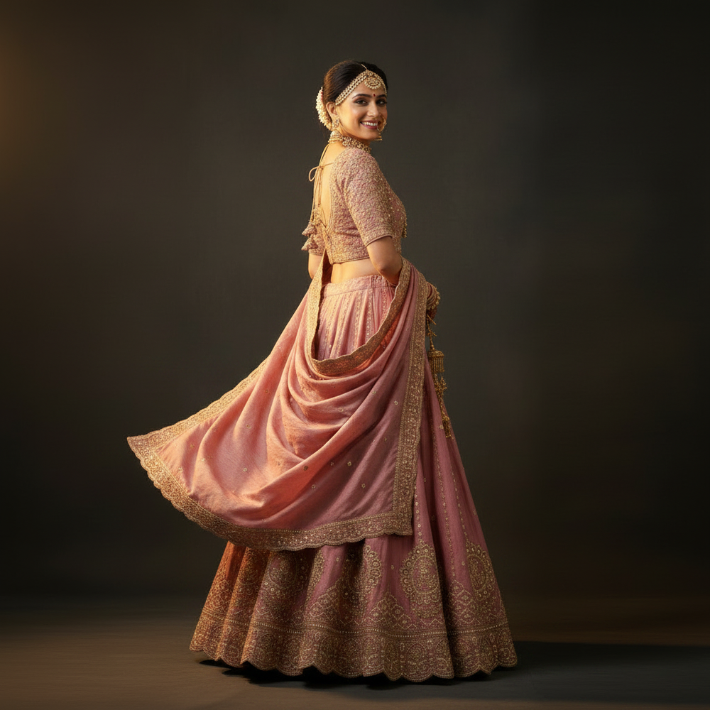 Back view - Dusty Rose Pink Bridal Lehenga